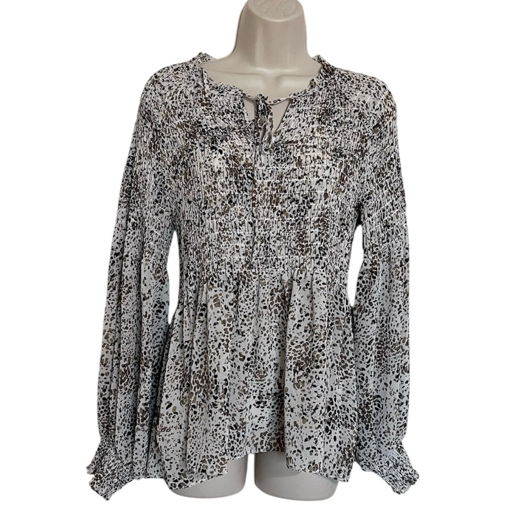 Rose + Olive Animal Print Sheer Peplum Long Sleeved Top | Size Medium
